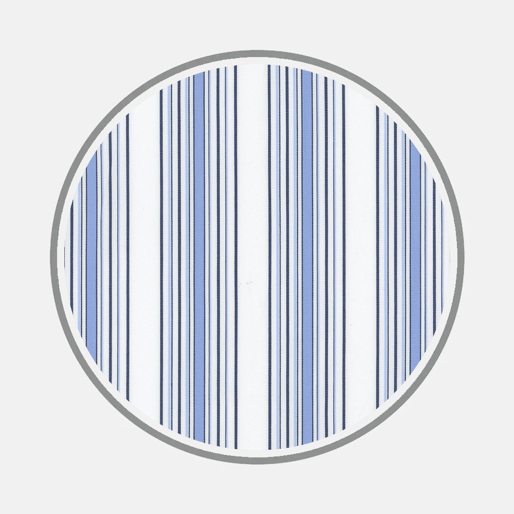 Bespoke Fabric 1151 06 by Turnbull & Asser features a circular design of alternating thin and thick vertical blue and black lines on white, bordered in gray—ideal inspiration for custom shirt patterns or unique monogram styles.