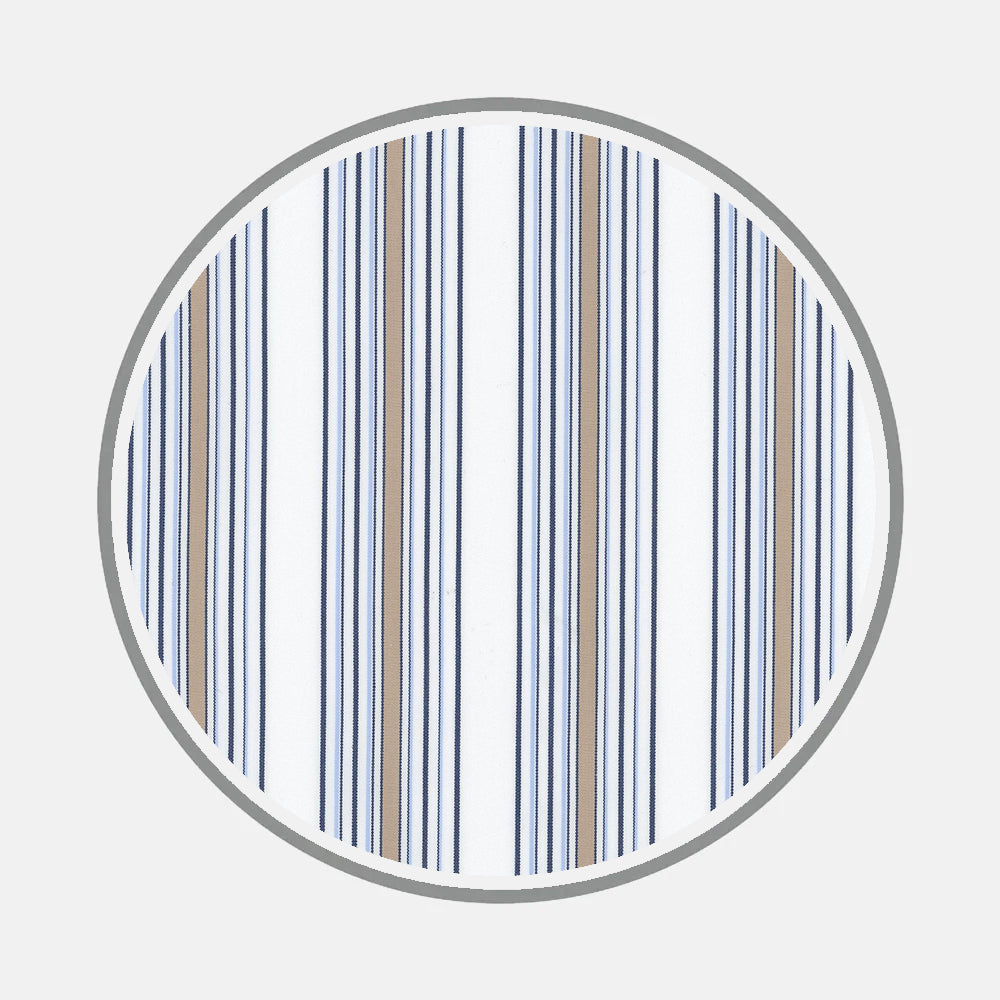 Bespoke Fabric 1151 37 by Turnbull & Asser features a circular design with vertical blue, beige, and dark gray stripes on white, bordered in gray—ideal for creating custom or bespoke shirts.