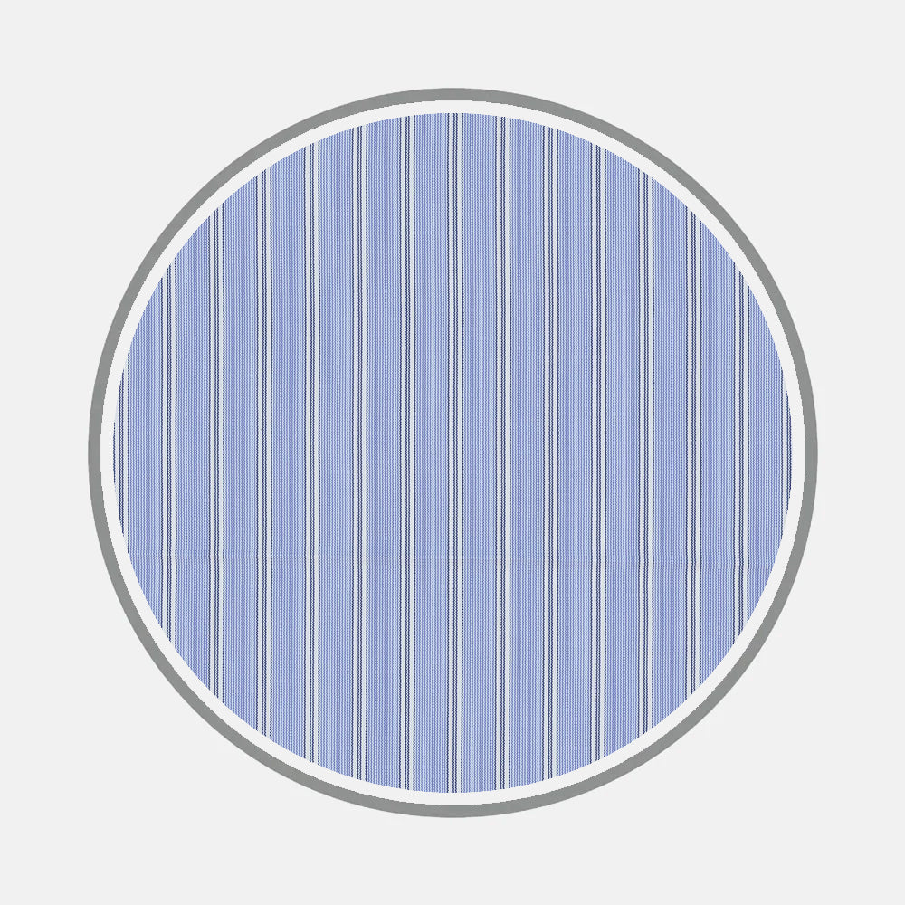 A circular swatch of Turnbull & Asser's Bespoke Fabric 1152 06, featuring blue and white vertical pinstripes and a gray border on a light gray background—ideal for custom or bespoke shirt designs.
