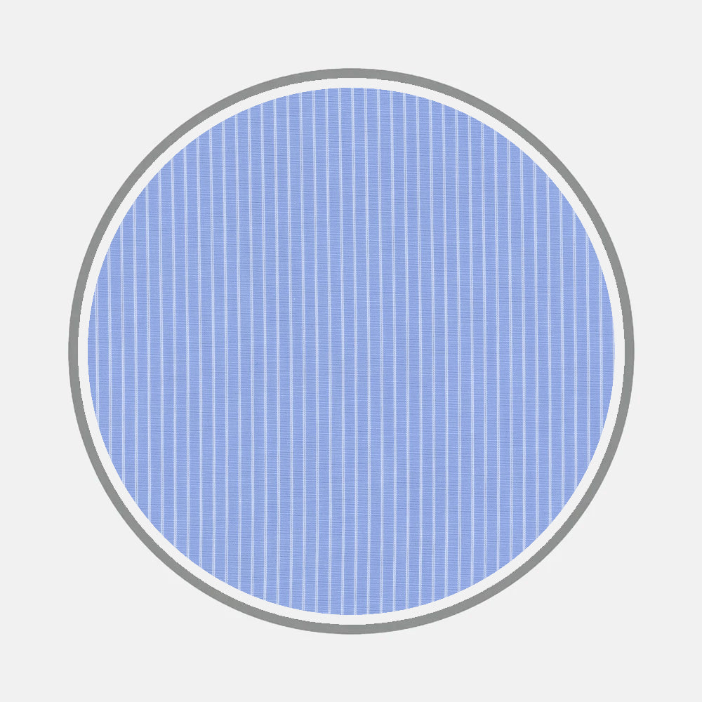 Bespoke Fabric 1153 06 by Turnbull & Asser is displayed within a circular frame, featuring blue and white stripes that evoke the timeless appeal of a classic bespoke shirt.