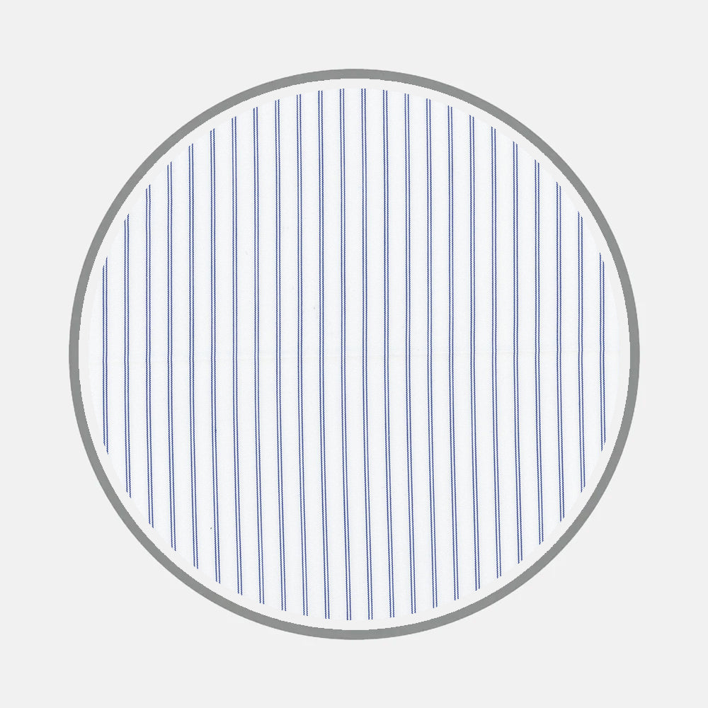 A circular image with a white background and evenly spaced vertical blue lines, evoking the Bespoke Fabric 1154 01 pattern by Turnbull & Asser, is bordered by a thin gray outline.