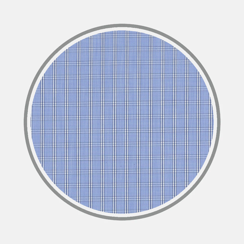 Bespoke Fabric 1155 06 by Turnbull & Asser features a blue and white plaid grid with vertical and horizontal lines, encircled by a gray ring on a light gray background.