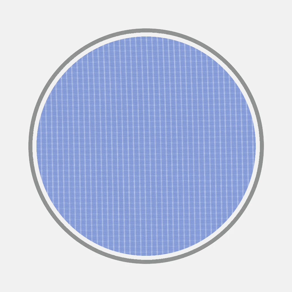 Bespoke Fabric 1156 06 by Turnbull & Asser is showcased as a circular blue silicon wafer with a grid pattern and thin gray border on a light gray background, reflecting the brand's precision in crafting bespoke shirts and monogram styles.
