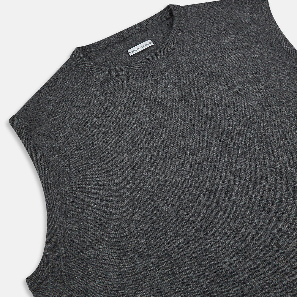 The Turnbull & Asser Charcoal Grey Cashmere Round Neck Vest is a sleeveless knit sweater vest shown against a plain white background.