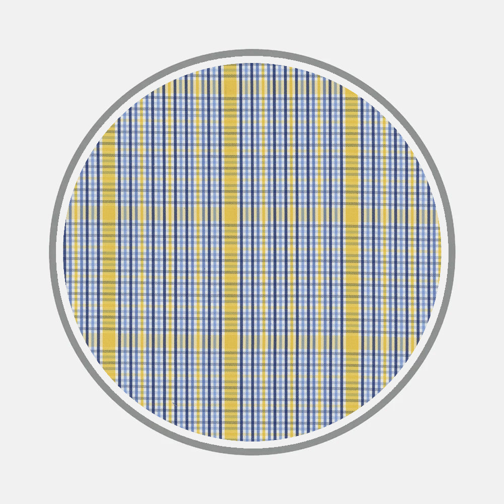 The Bespoke Fabric 1180 35 by Turnbull & Asser features a circular yellow, blue, and white plaid pattern bordered by a gray ring on a light gray background.
