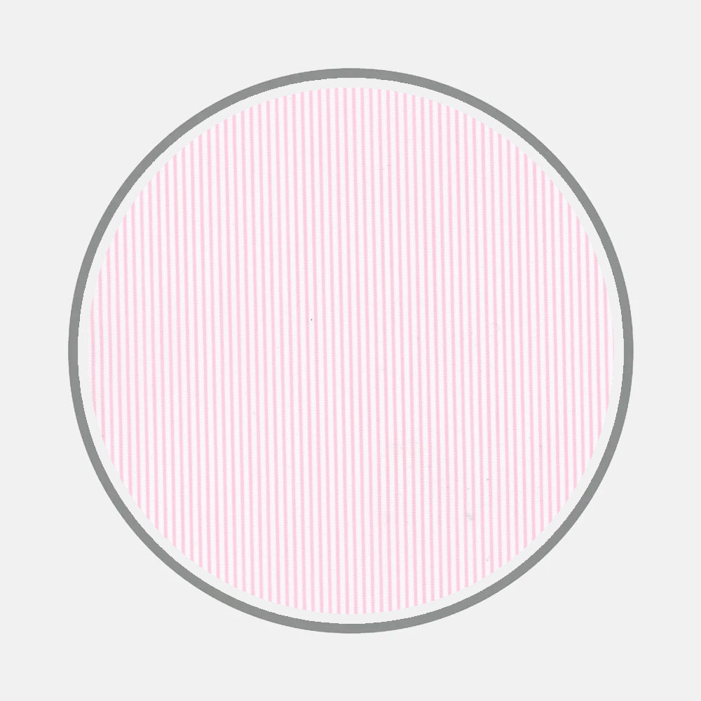 Turnbull & Asser’s Bespoke Fabric 1190 16 features a gray-outlined circle filled with thin, evenly spaced vertical pink lines on white—recalling the subtle striped pattern of a bespoke shirt with custom collar options.