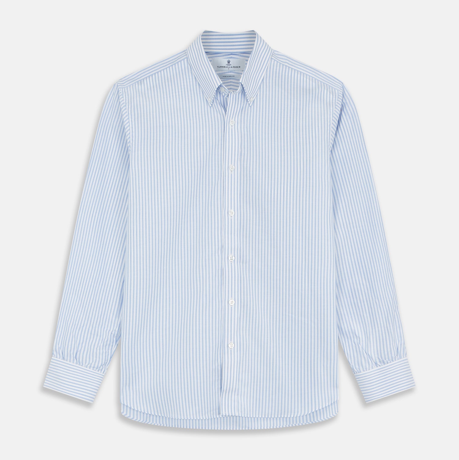 View 1 of product The Turnbull & Asser Pale Blue Stripe Weekend Fit Hayne Shirt features a Dorset collar, 1-button cuffs, and vertical stripes, shown laid flat against a white background.
