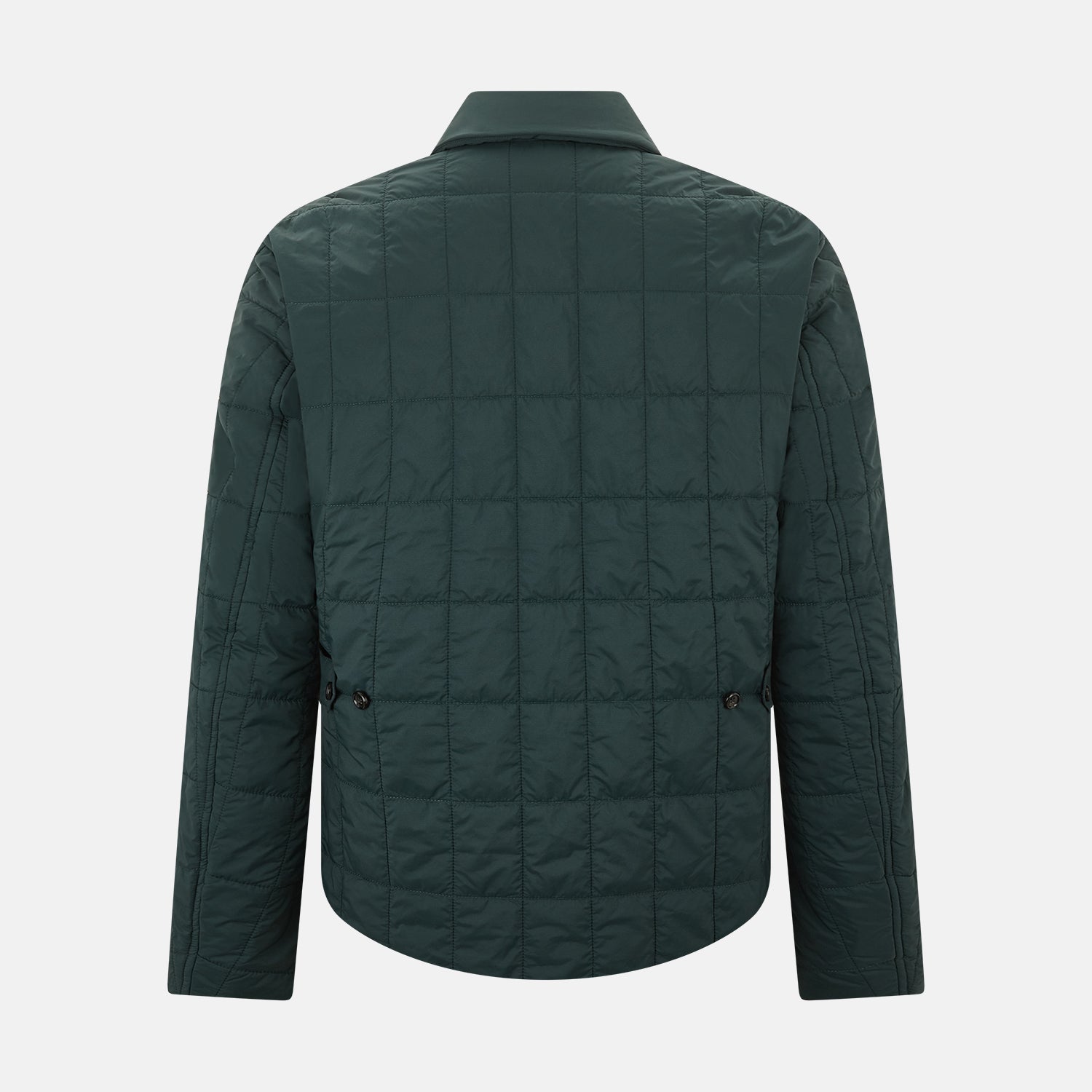 View 3 of product The Turnbull & Asser Battersea Forest Green Quilted Jacket for men features a front zipper, collared neckline, angled chest pocket, two zippered side pockets, and adjustable snap cuffs—shown on a plain white background.