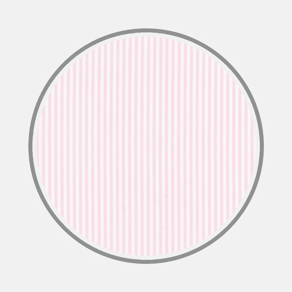 A circle with a thick gray outline features vertical light pink and white stripes, inspired by the Turnbull & Asser Bespoke Fabric 1200 16, on a white background.