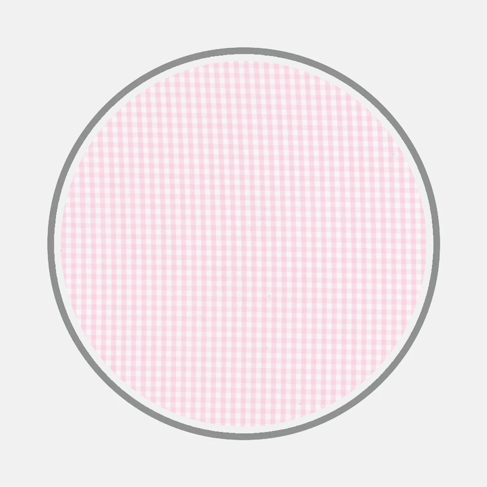 A circle with a grey outline, filled with Turnbull & Asser's Bespoke Fabric 1201 16 in pink and white gingham, evokes classic shirt designs against a light grey background.
