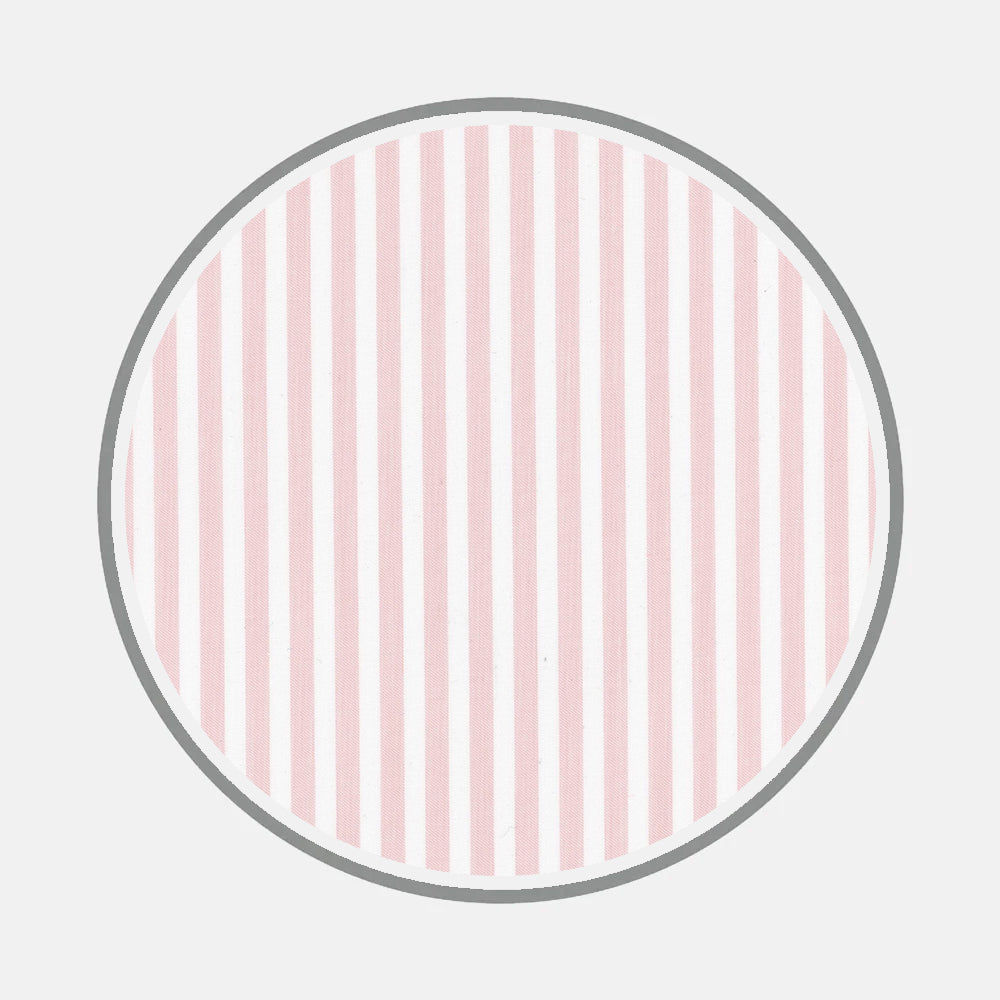 A gray-outlined circle filled with vertical light pink and white stripes, inspired by Bespoke Fabric 1209 37 from Turnbull & Asser—a perfect idea for custom shirts or monograms.