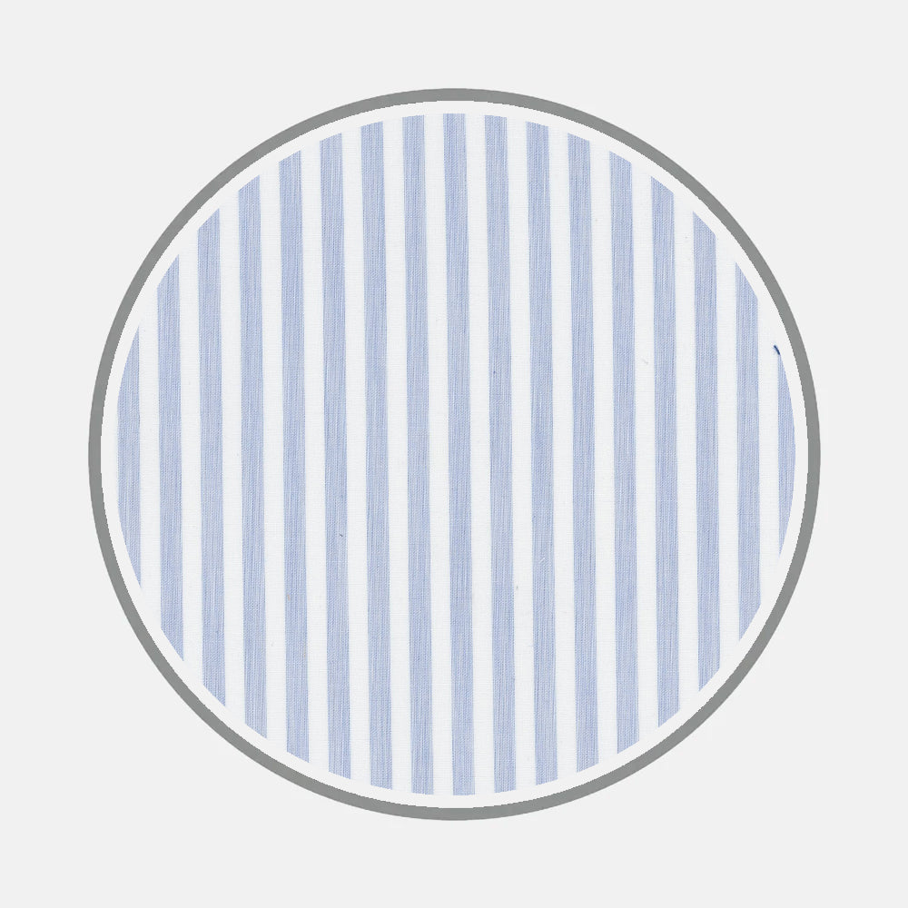 A circle with a light gray border featuring vertical light blue and white stripes, inspired by custom shirt monograms, showcases Turnbull & Asser's Bespoke Fabric 1210 29.