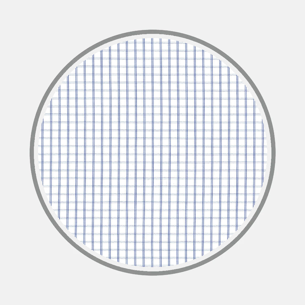 Bespoke Fabric 1221 29 by Turnbull & Asser features a circular grid of blue vertical and horizontal lines, reminiscent of finely tailored shirts and monogram styles, set within a gray border on a white background.