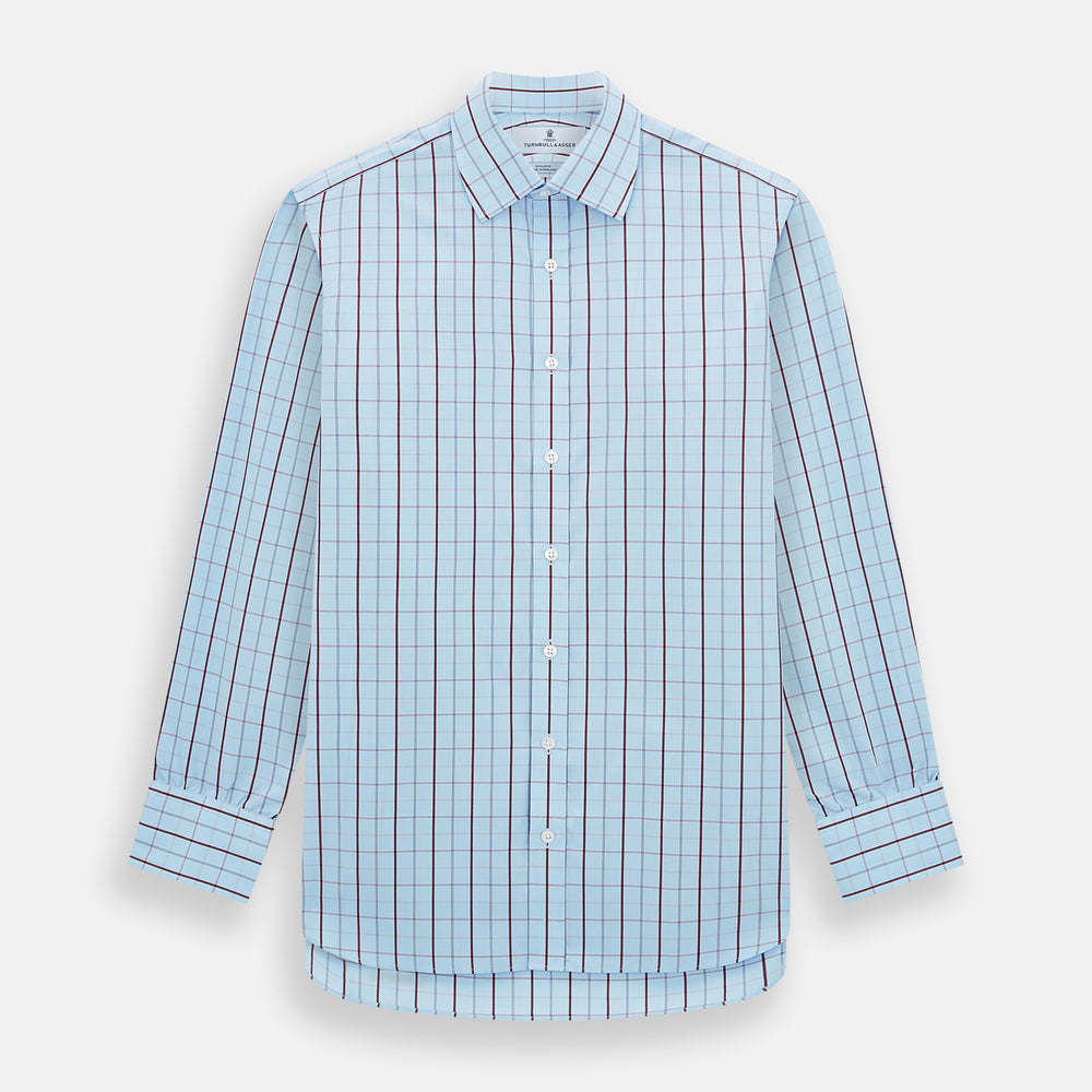 The Burgundy Multi Combination Check Mayfair Shirt by Turnbull & Asser features a classic check pattern and refined British craftsmanship, laid flat on a white background.