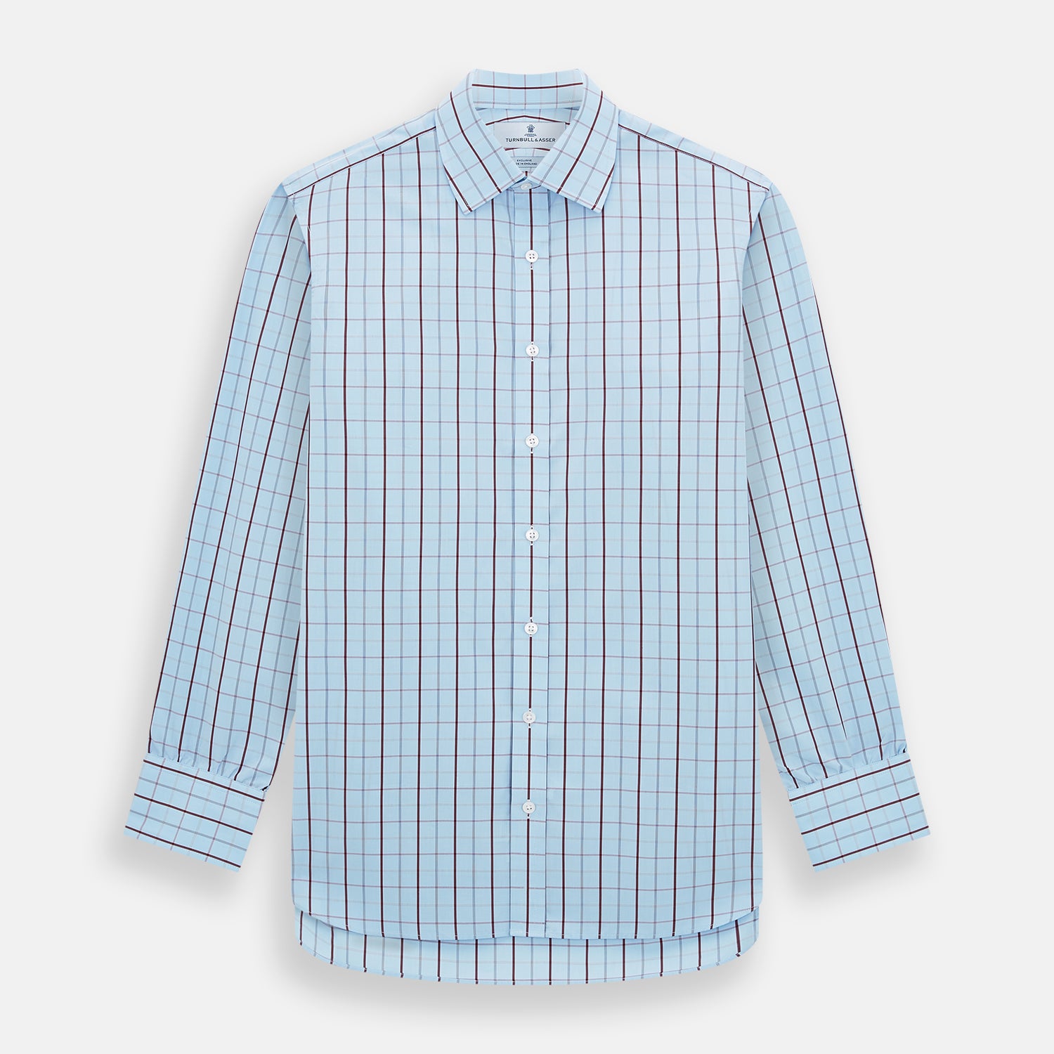View 1 of product The Burgundy Multi Combination Check Mayfair Shirt by Turnbull & Asser features a classic check pattern and refined British craftsmanship, laid flat on a white background.