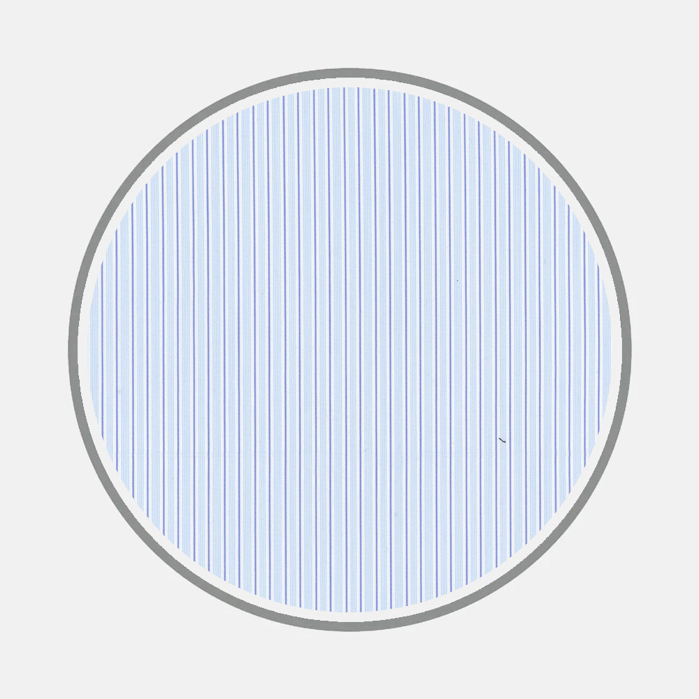 Turnbull & Asser’s Bespoke Fabric 1228 32 features a gray-outlined circle, filled with evenly spaced vertical blue lines on white, evoking refined bespoke shirt patterns against a light gray background.