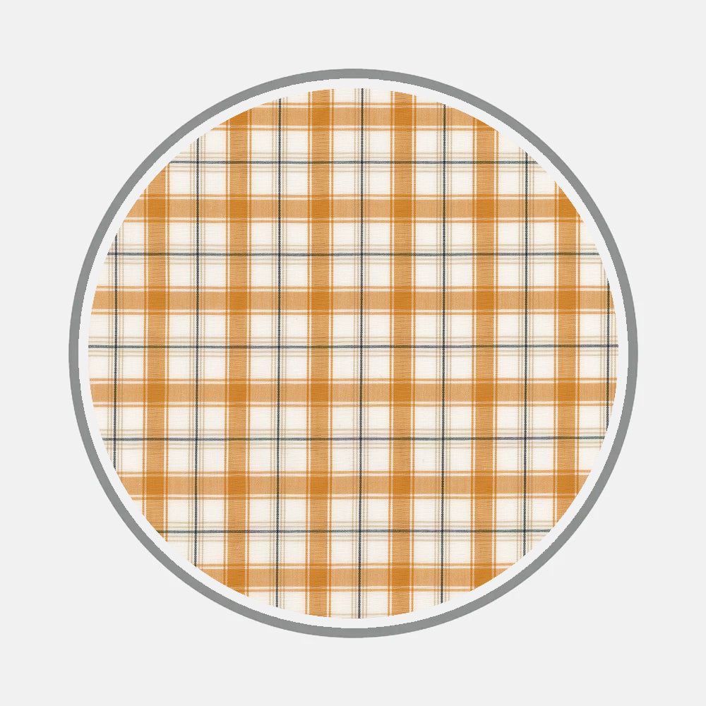 Turnbull & Asser's Bespoke Fabric 1256 36 features a circular swatch of orange, white, and light gray plaid on white—perfect for crafting a shirt with unique character.