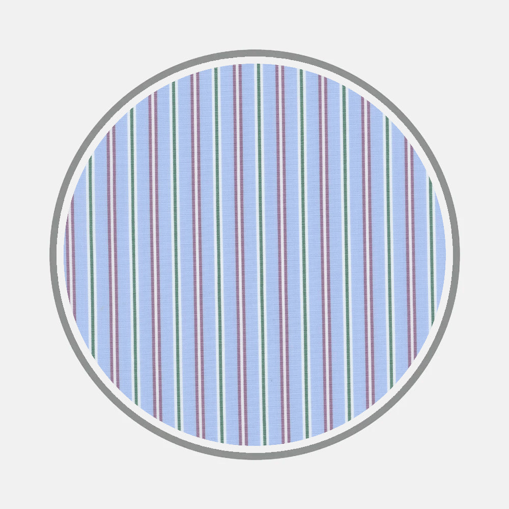 A circular swatch of Turnbull & Asser's Bespoke Fabric 1257 38 features vertical blue, purple, white, and green stripes on a light blue background with a gray border—ideal for unique shirts or custom monograms.