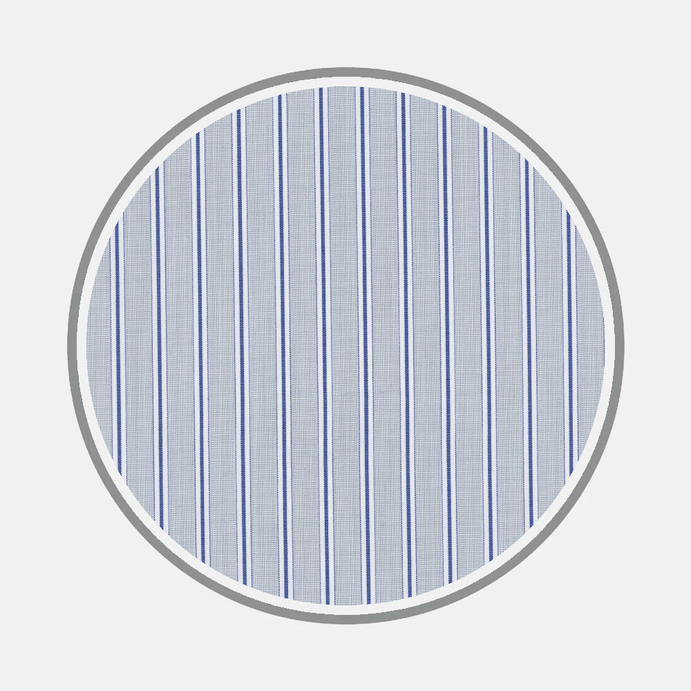 A close-up of Bespoke Fabric 1263 46 by Turnbull & Asser shows light blue material with dark blue and white stripes, ideal for custom shirts, displayed in a circular frame on a light gray background.