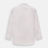 View 3 of product The Red Multi Ticking Stripe Mayfair Shirt by Turnbull & Asser features thin red and blue vertical stripes on white, a T&A collar, long sleeves, and button-up design.