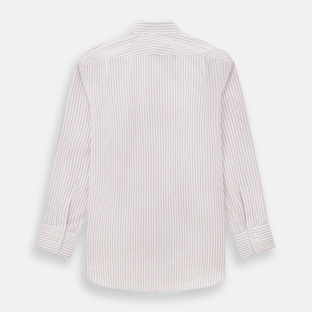 The Red Multi Ticking Stripe Mayfair Shirt by Turnbull & Asser features thin red and blue vertical stripes on white, a T&A collar, long sleeves, and button-up design.