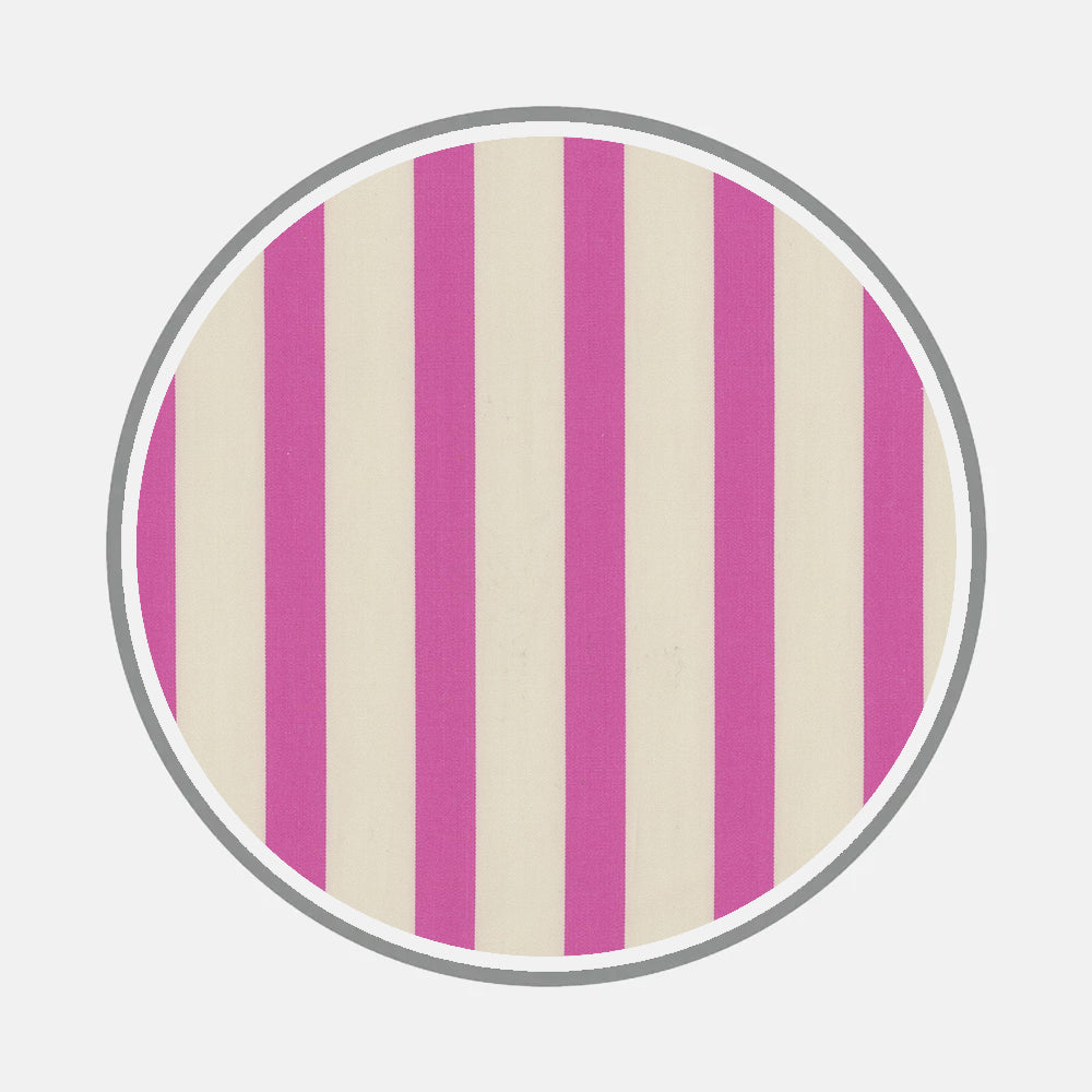 A circular image with vertical pink and cream stripes, edged by a thin gray border on light gray, reflects the refined style of Turnbull & Asser’s Bespoke Fabric 1271 37 and evokes classic bespoke shirt design.