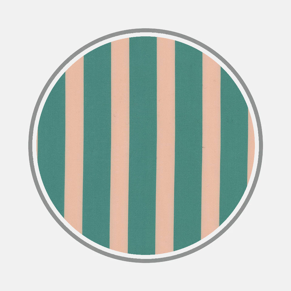 A circle with alternating vertical teal and beige stripes, inspired by bespoke shirt patterns, bordered by a thin gray ring on light gray—featuring Bespoke Fabric 1271 39 by Turnbull & Asser.