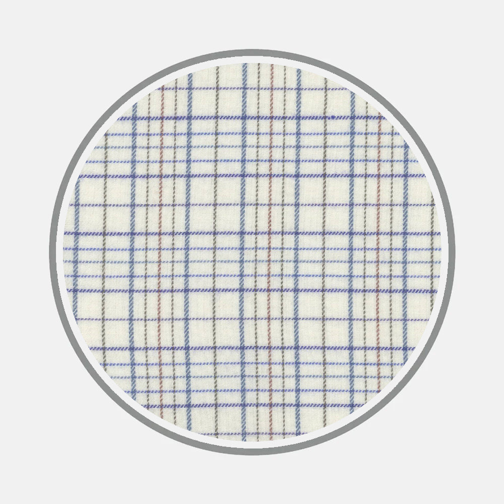 A close-up of Turnbull & Asser's Bespoke Fabric 1272 32 shows its blue, brown, and fine red plaid on white—ideal for a custom shirt—displayed in a circular frame.