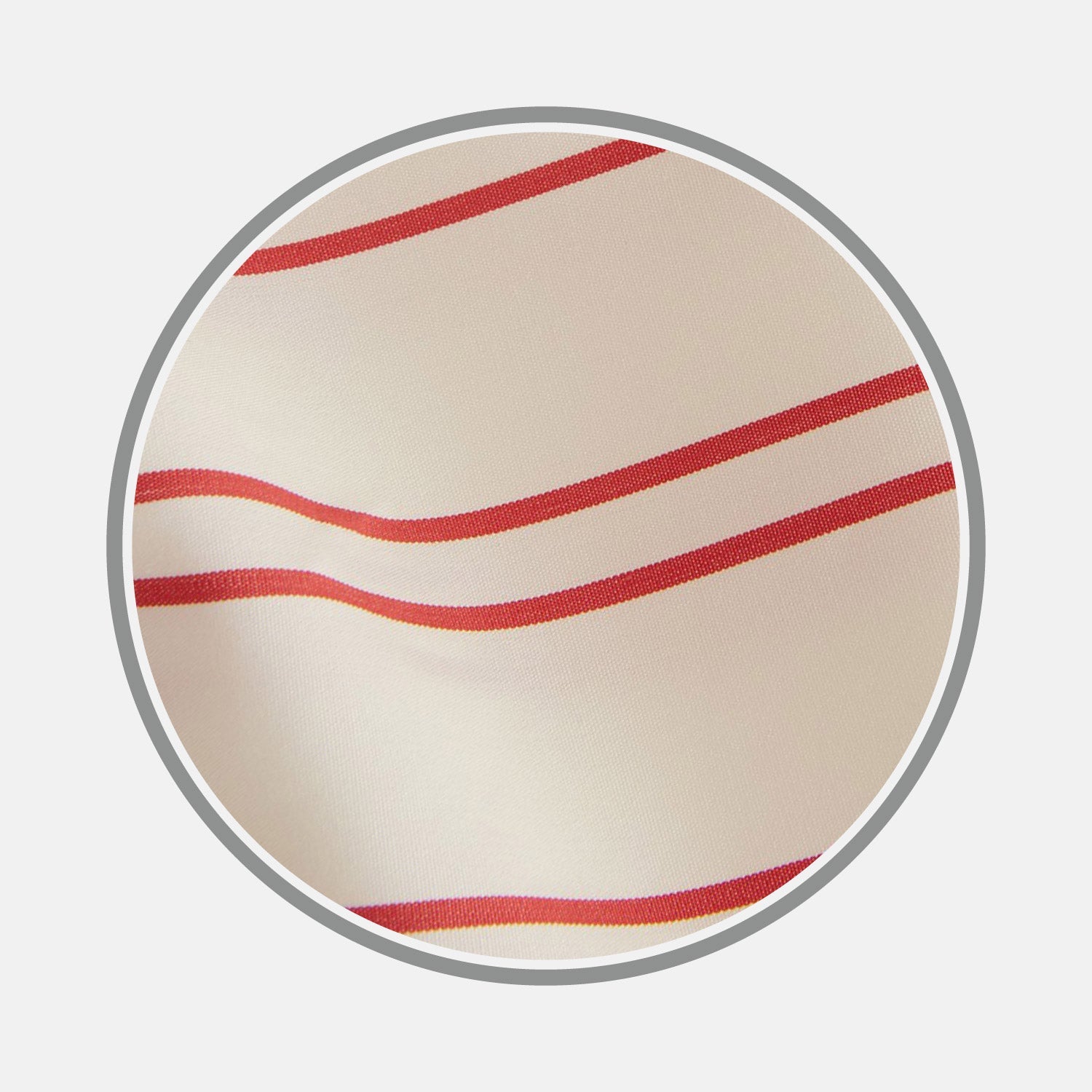 View 1 of product Close-up of cream-colored Turnbull & Asser NEW BESPOKE FABRIC 1276 08 with wavy red and orange stripes, perfect for custom shirts, shown inside a circular gray border on a white background.