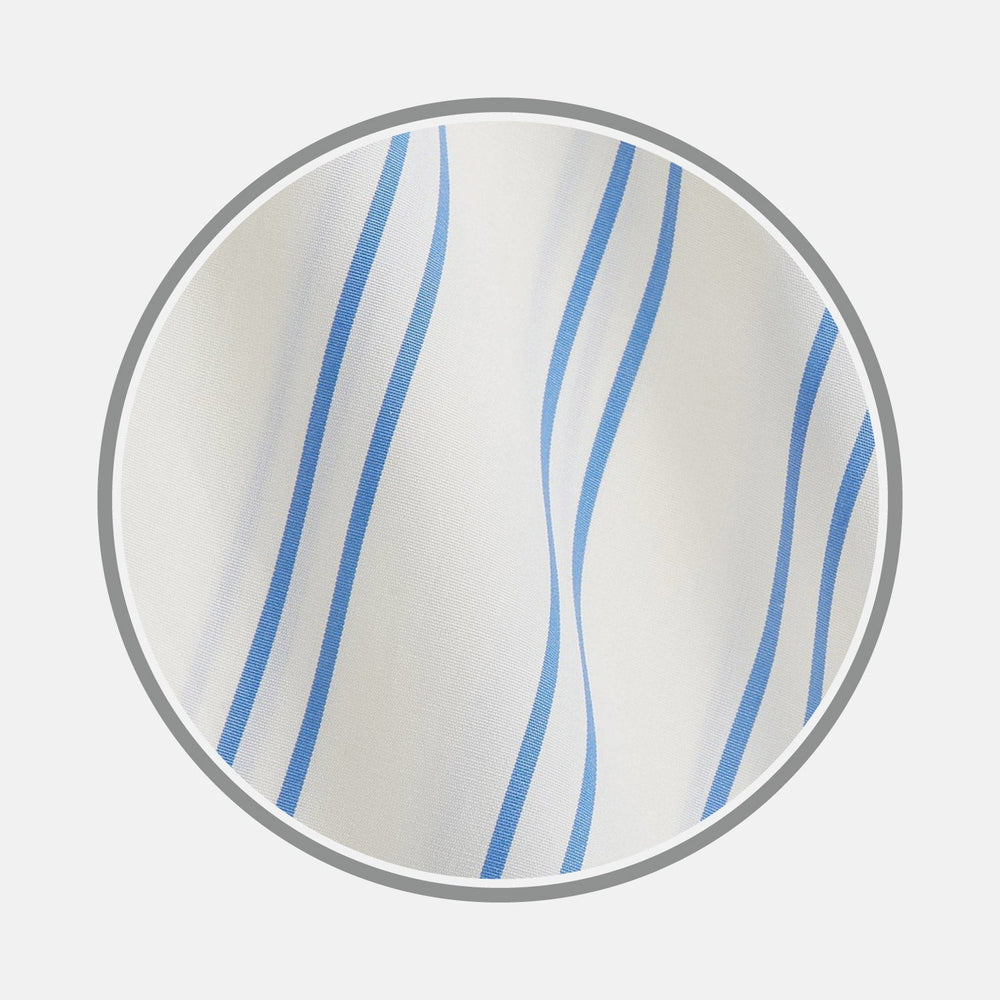 Close-up of NEW BESPOKE FABRIC 1276 32 by Turnbull & Asser: white fabric with blue wavy vertical stripes in a circular frame with gray border—perfect for a custom shirt or bespoke monogrammed design.