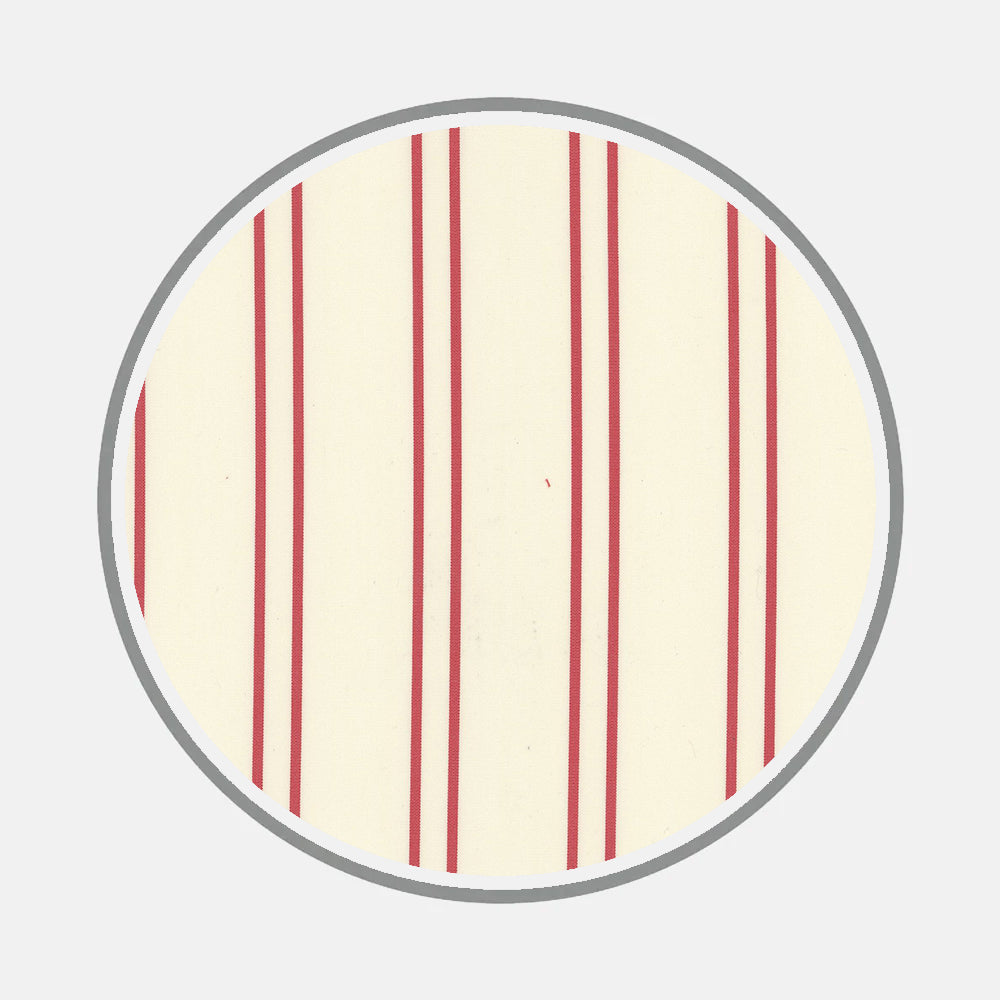 Bespoke Fabric 1276 08 by Turnbull & Asser features a circular cream surface with evenly spaced vertical red stripes and a thin gray outline, reminiscent of classic monogram styles on a light gray background.