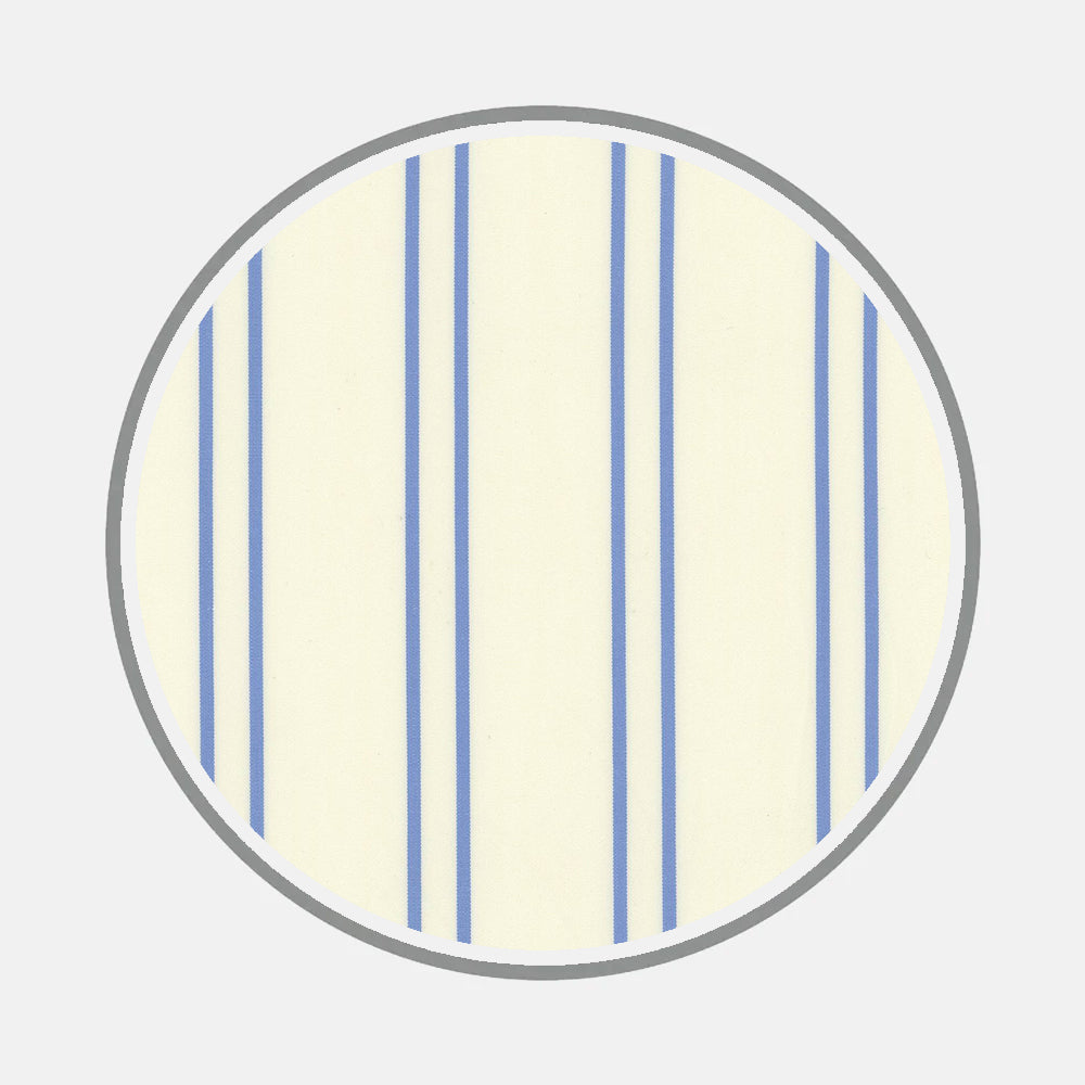 Bespoke Fabric 1276 32 by Turnbull & Asser features a light cream background with evenly spaced vertical blue stripes and a gray border, inspired by classic bespoke shirt patterns.