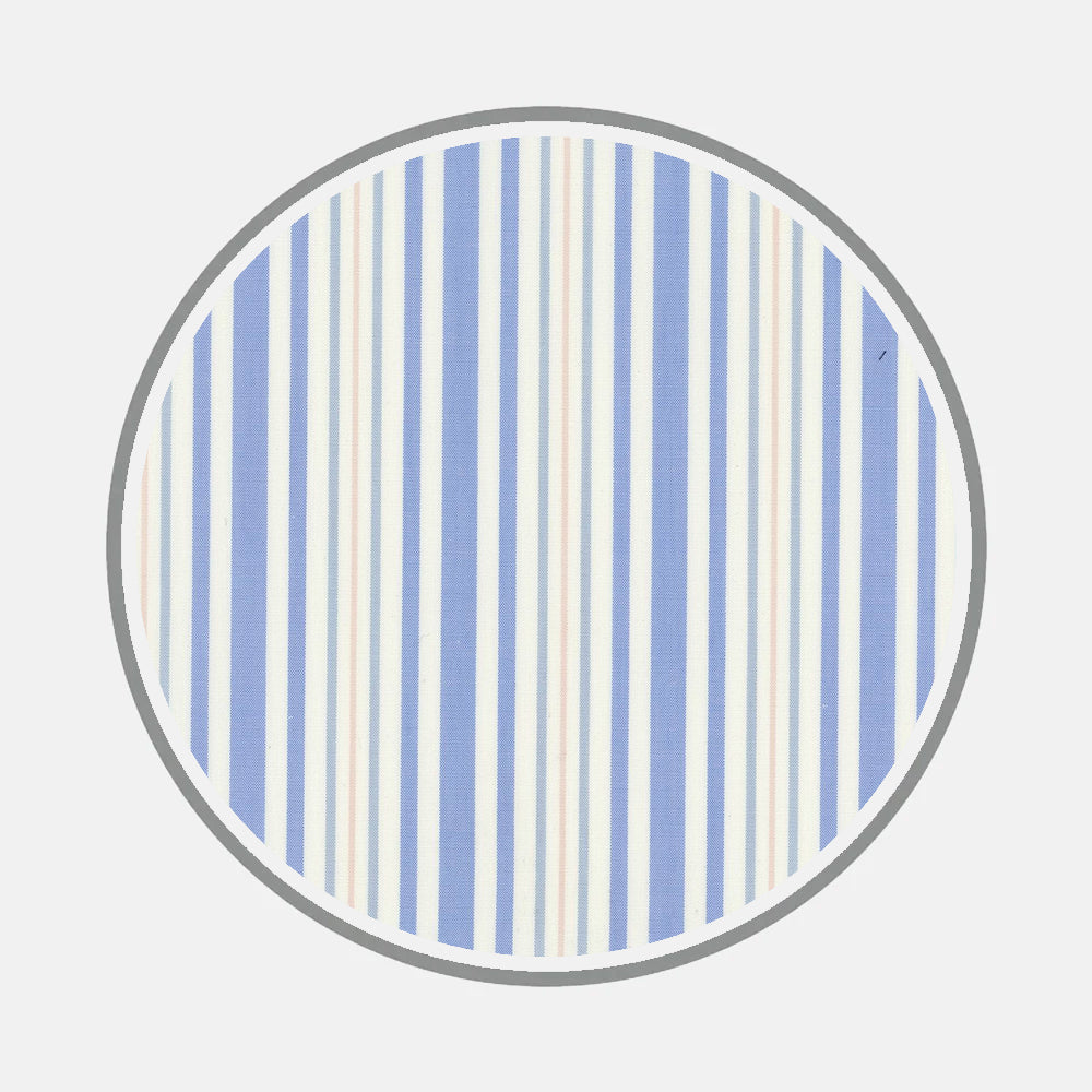 A circle with a gray outline, filled with vertical stripes in blue, white, and light orange—reminiscent of classic shirts—set against a light gray background. Inspired by Bespoke Fabric 1284 32 from Turnbull & Asser.