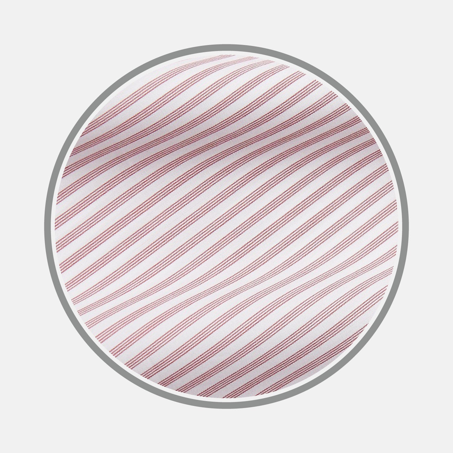 View 1 of product A circular swatch of Turnbull & Asser’s NEW BESPOKE FABRIC 1288 48: white with diagonal red stripes in varying widths and a slim gray border—ideal for dynamic shirt designs or distinctive monogram accents.