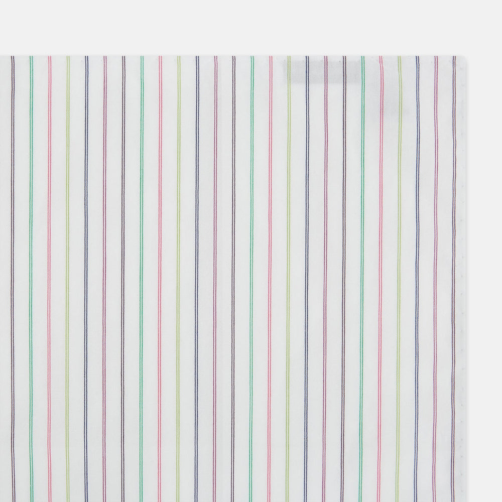 The Green Multi Double Pinstripe Hand-Rolled Handkerchief by Turnbull & Asser features a white fabric with thin pink, yellow, blue, and green pinstripes and hand-rolled edges, displayed against a plain background.