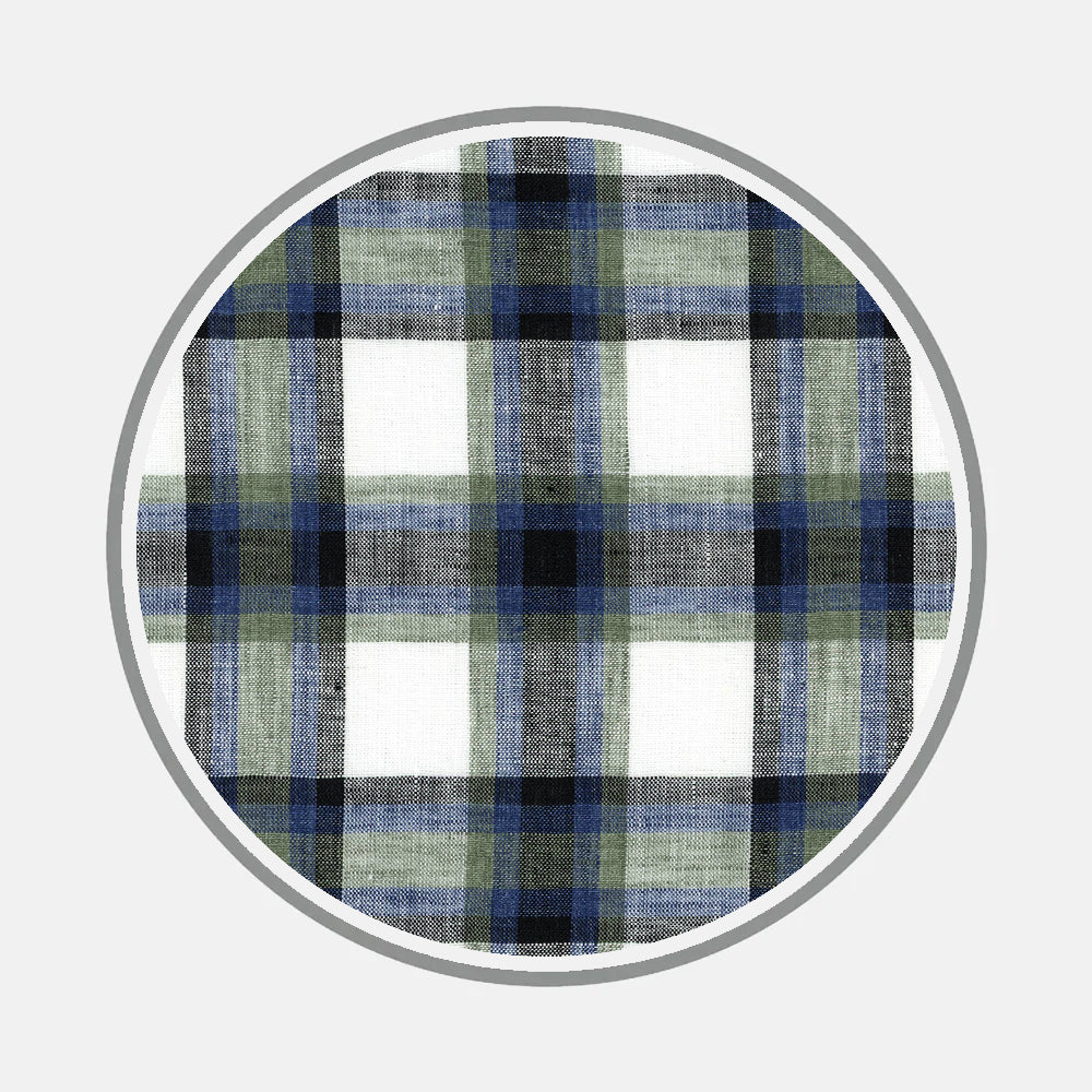 A circular swatch of Turnbull & Asser's Bespoke Fabric 1297 39 displays navy, green, black, and white plaid intersecting lines with a gray border—perfect for bespoke shirts or elegant monograms on light gray.