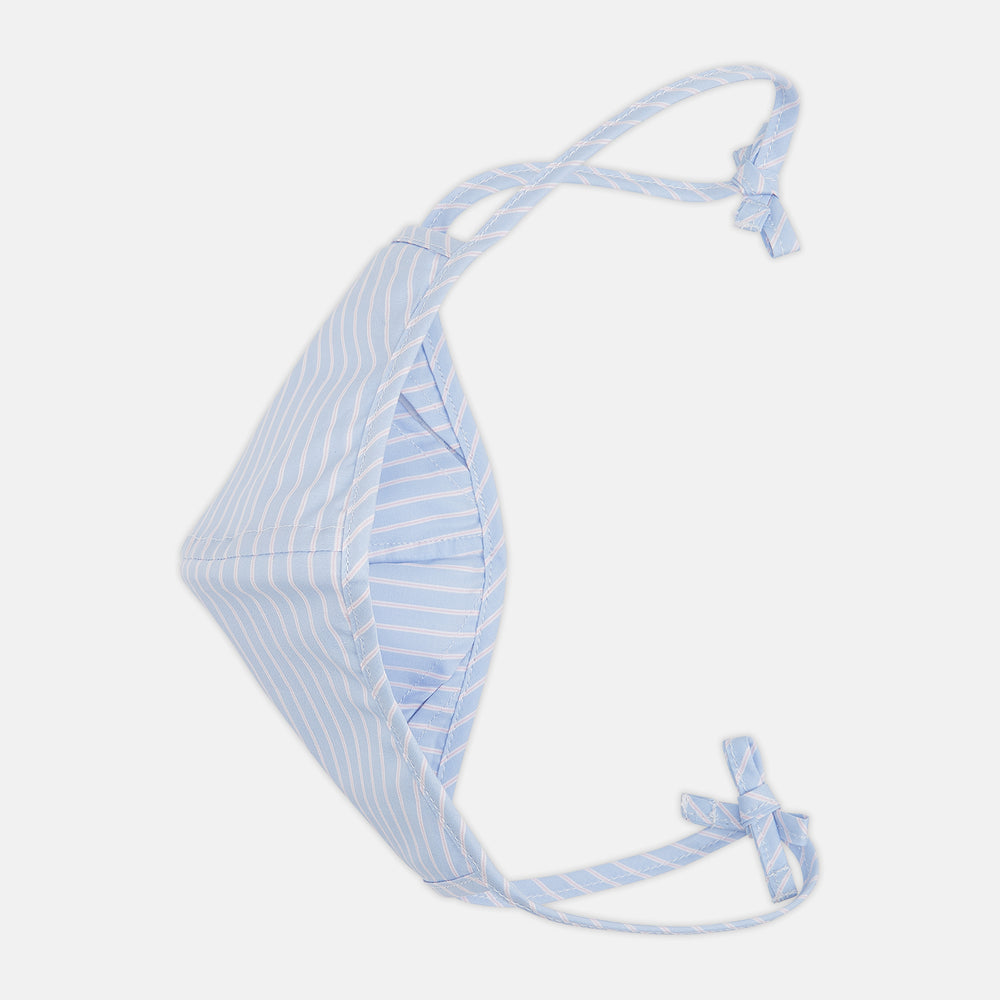 Turnbull & Asser's Exclusive Light Blue, White & Pink Stripe Commuter Mask features ear loops tied in bows and includes 3 VIROFORMULA™ filters for enhanced protection and comfort.