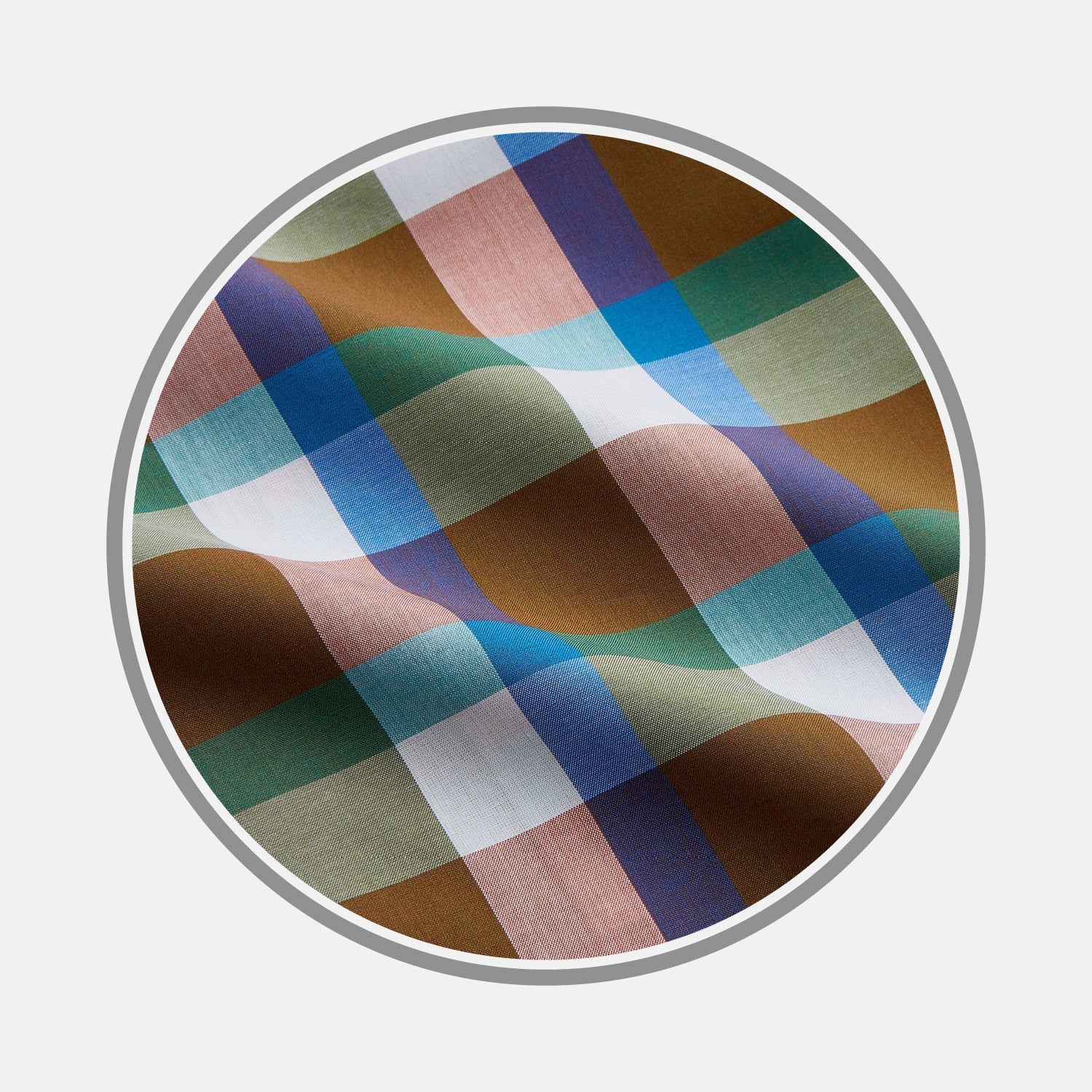 View 1 of product A close-up of Turnbull & Asser’s NEW BESPOKE FABRIC 1301 28 shows its multicolored plaid texture—blue, green, brown, pink, and white—ideal for custom or bespoke shirts, displayed in a circular frame on a white background.