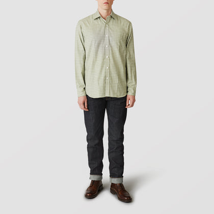 Green Check Weekend Fit Shirt With Derby Collar and 1-Button Cuffs