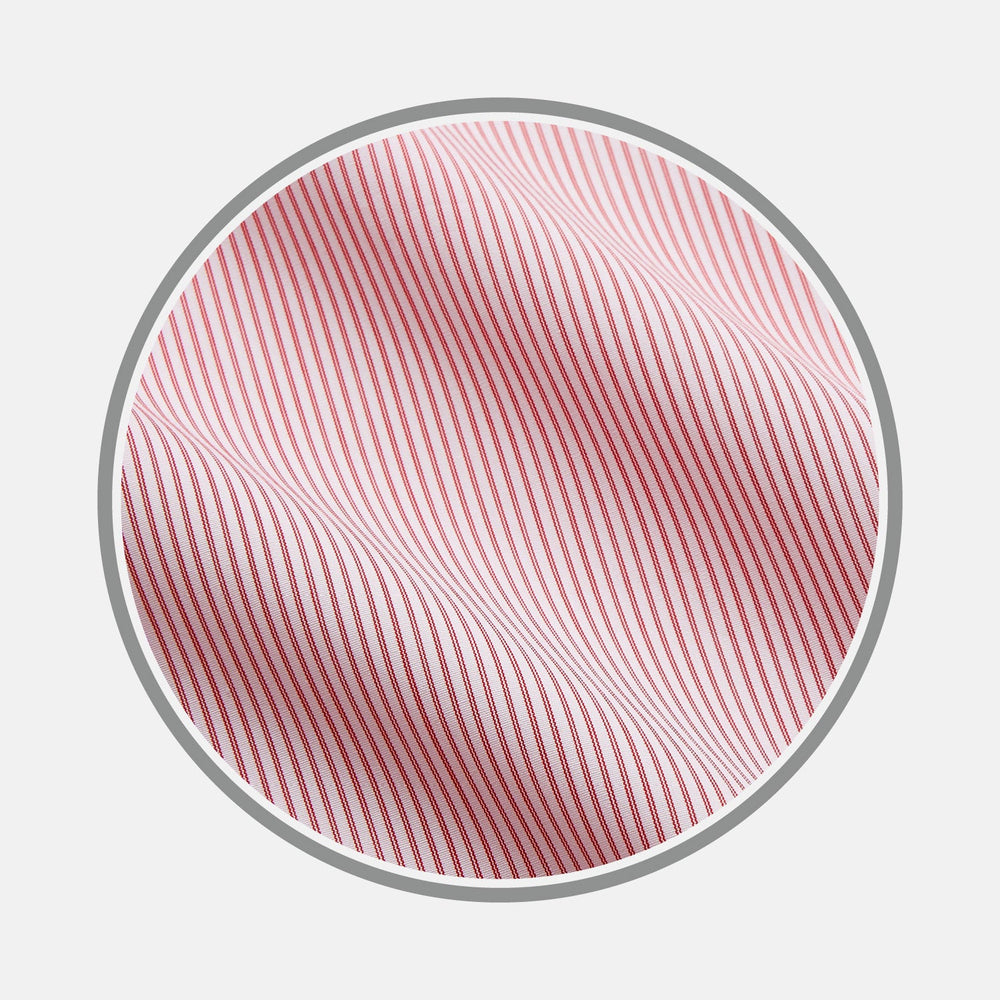 A close-up of Turnbull & Asser’s NEW BESPOKE FABRIC 1302 37, featuring diagonal red and white stripes in a circular frame on light gray, showcases the textured quality expected from bespoke shirting.