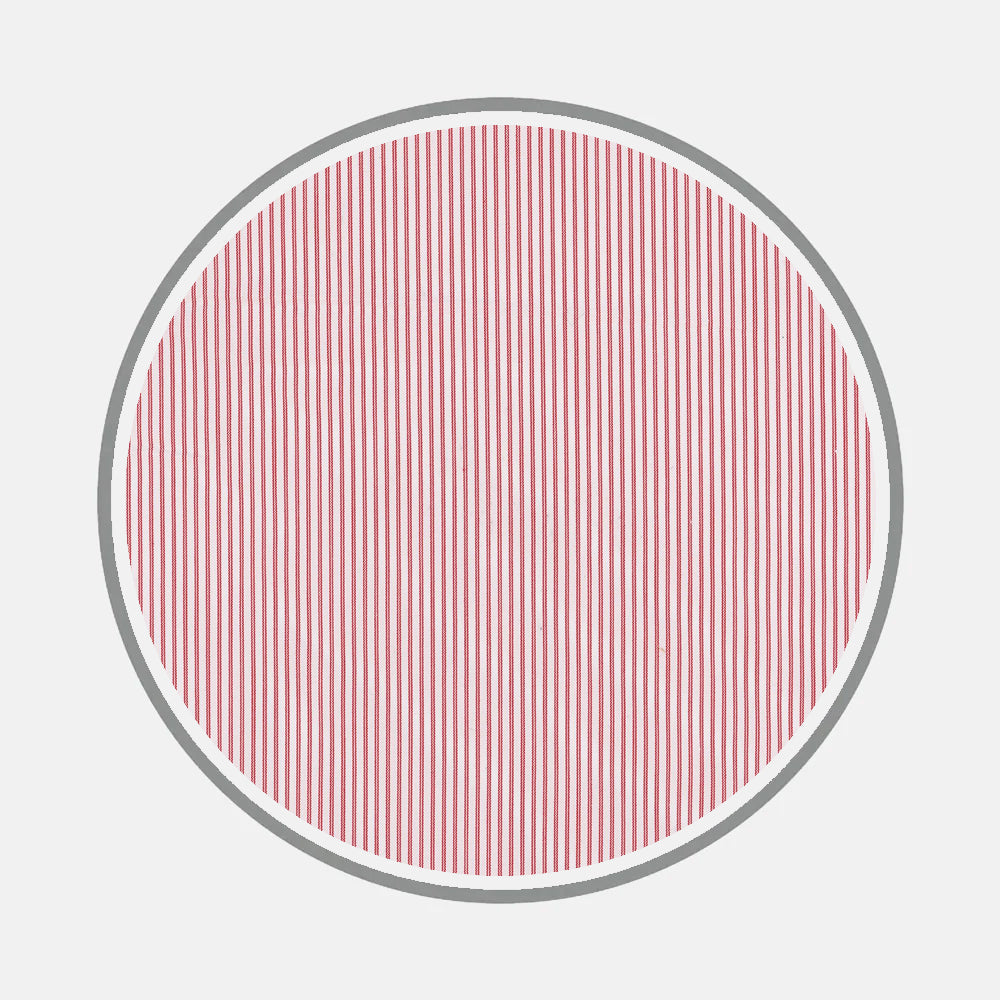 A gray-outlined circle filled with evenly spaced, vertical red lines on a light gray background, inspired by the refined patterns of Turnbull & Asser’s Bespoke Fabric 1302 37.