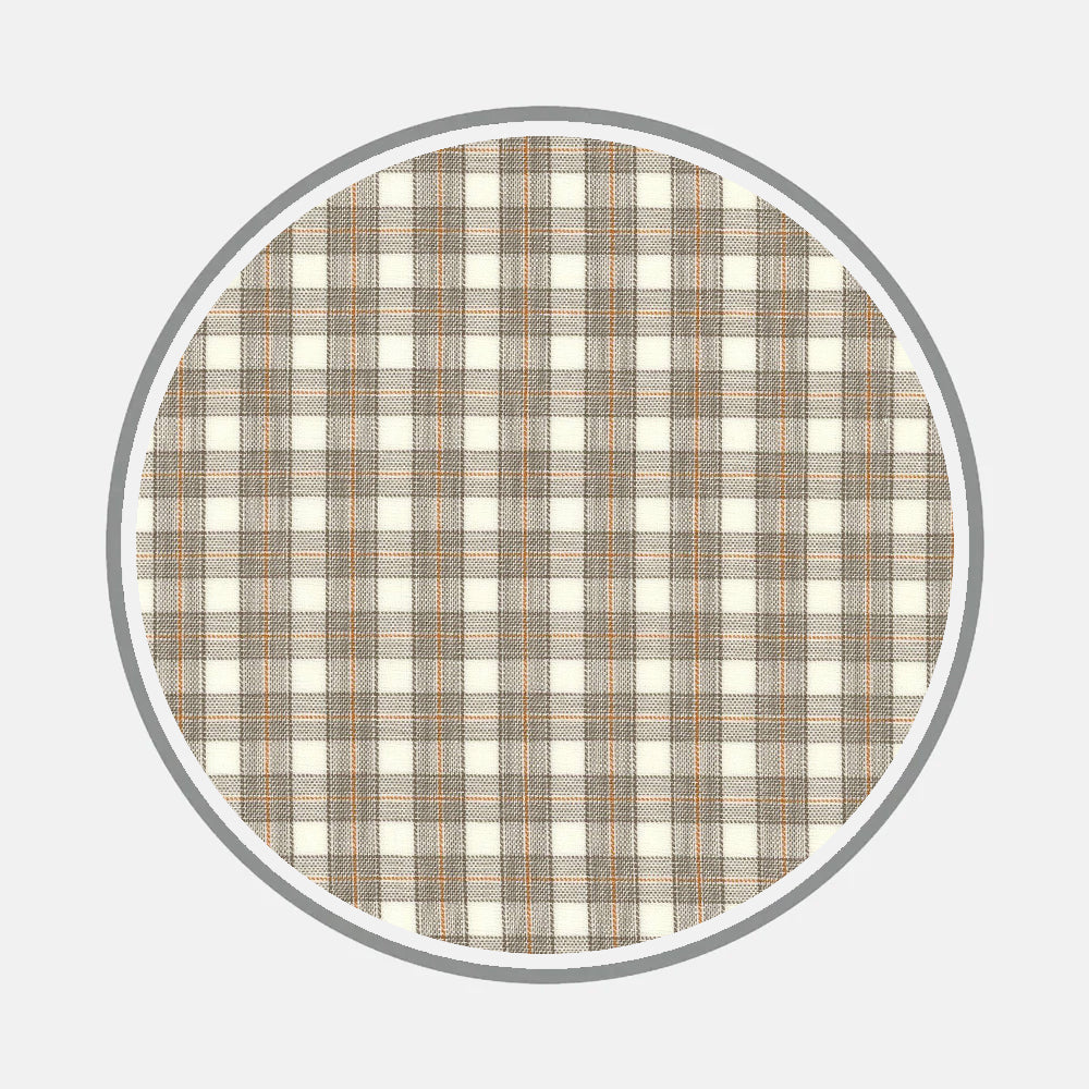 Bespoke Fabric 1304 31 by Turnbull & Asser showcases a circular plaid pattern in beige, brown, and gray with intersecting lines and a thin gray border set on a white background—ideal inspiration for custom shirting.
