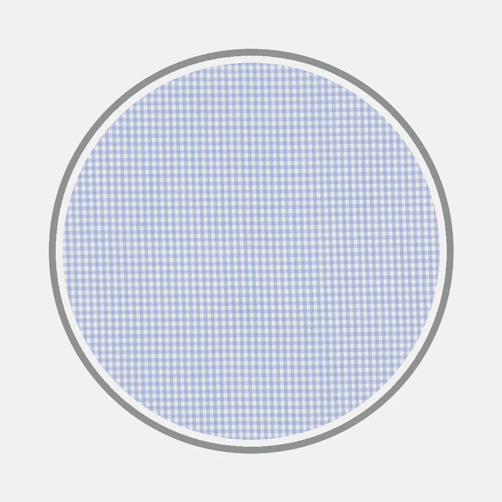 Bespoke Fabric 1305 33 by Turnbull & Asser features a circular light blue and white gingham check pattern, bordered with a thin gray ring and displayed on a plain white background, evoking classic shirt elegance.