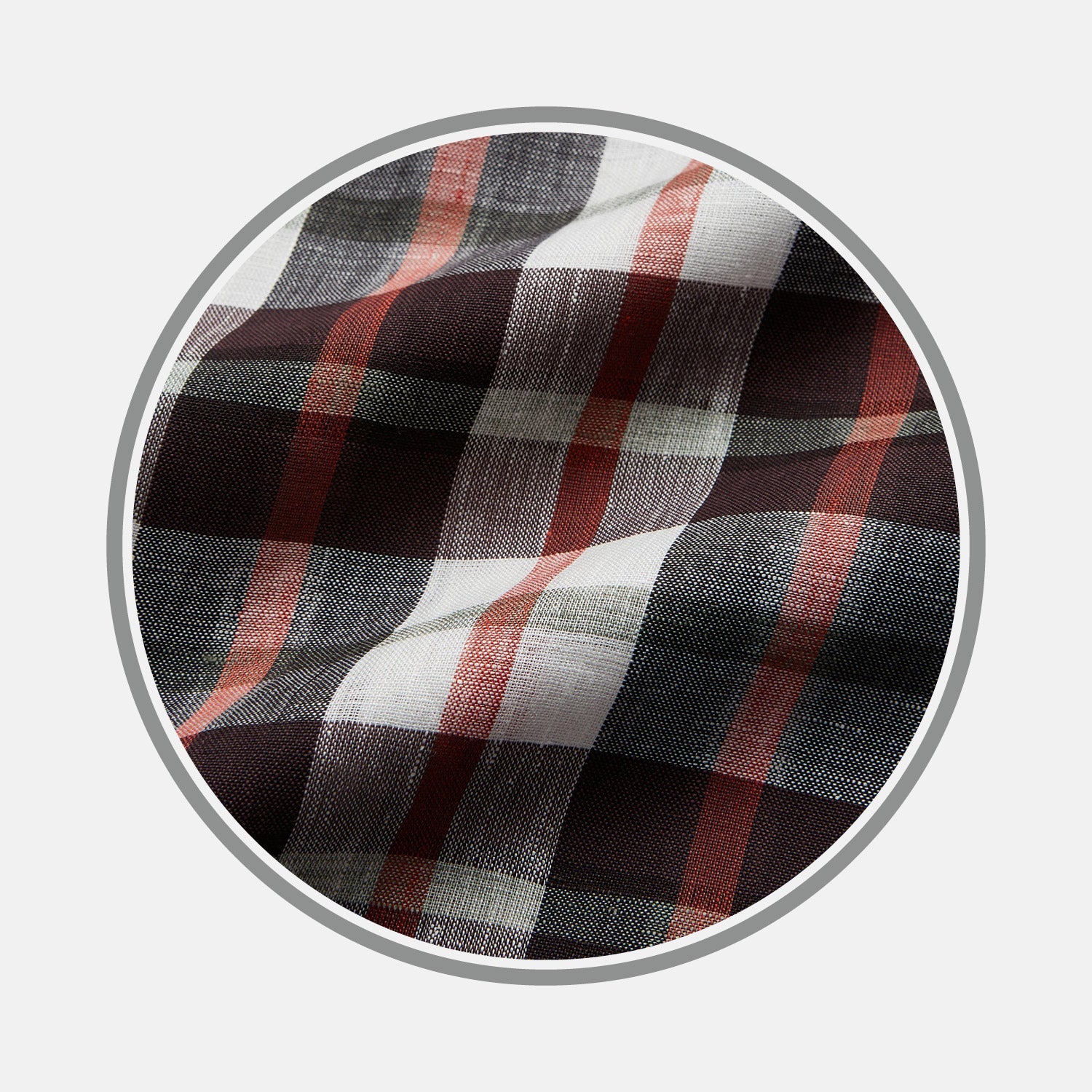 View 1 of product A close-up of NEW BESPOKE FABRIC 1313 30 by Turnbull & Asser displays black, white, and red plaid within a circular frame, highlighting its refined texture and folds reminiscent of bespoke shirt artistry.