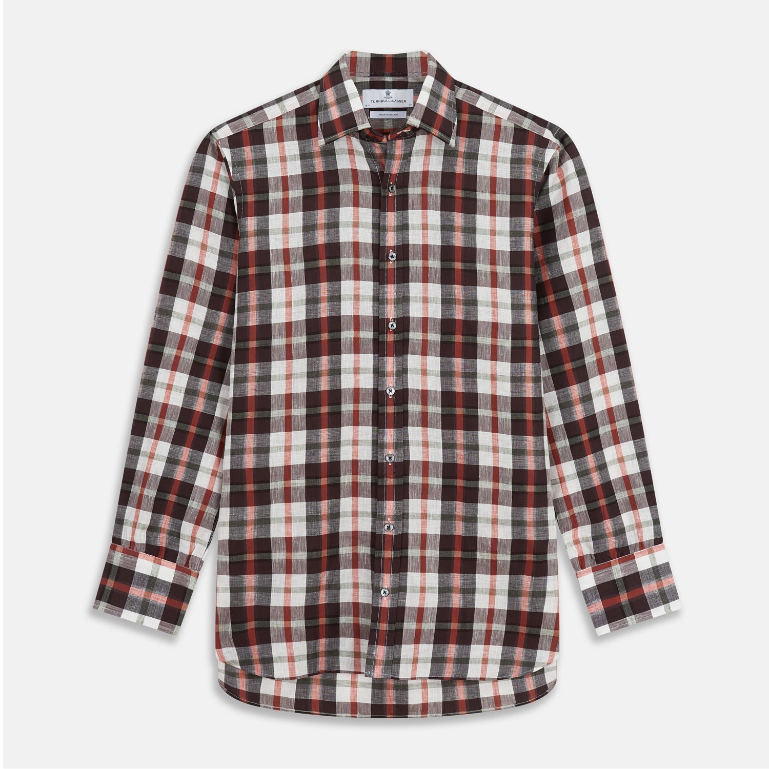 View 2 of product A close-up of NEW BESPOKE FABRIC 1313 30 by Turnbull & Asser displays black, white, and red plaid within a circular frame, highlighting its refined texture and folds reminiscent of bespoke shirt artistry.