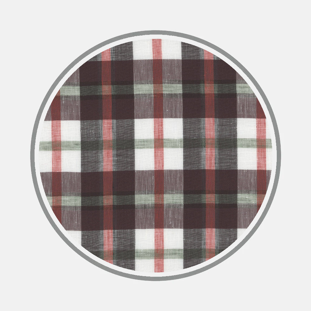 A circular swatch of Turnbull & Asser's Bespoke Fabric 1313 30, featuring intersecting white, black, red, and olive green lines on a white background. The swatch has a gray outline and is shown against a plain white backdrop.