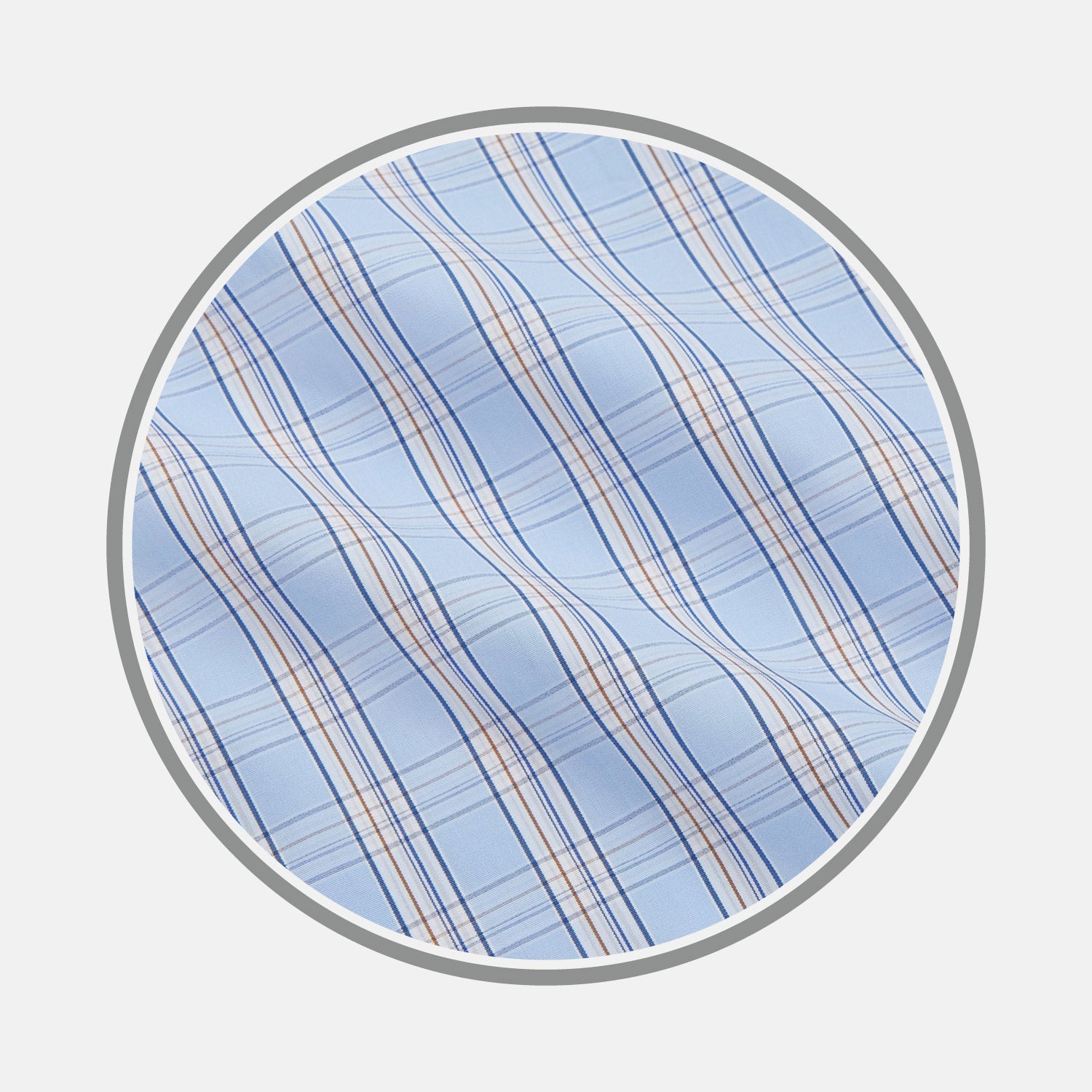 View 1 of product Close-up of Turnbull & Asser's NEW BESPOKE FABRIC 1319 33—light blue plaid with navy, orange, and white lines—shown in a circular frame on a light gray background. Ideal for bespoke shirts.