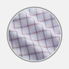 View 1 of product NEW BESPOKE FABRIC 1327 34 by Turnbull & Asser: White fabric with a red and blue plaid design, shown in a circular frame. Perfect for bespoke or custom shirts, the material features intersecting lines forming squares and a slightly wrinkled texture.