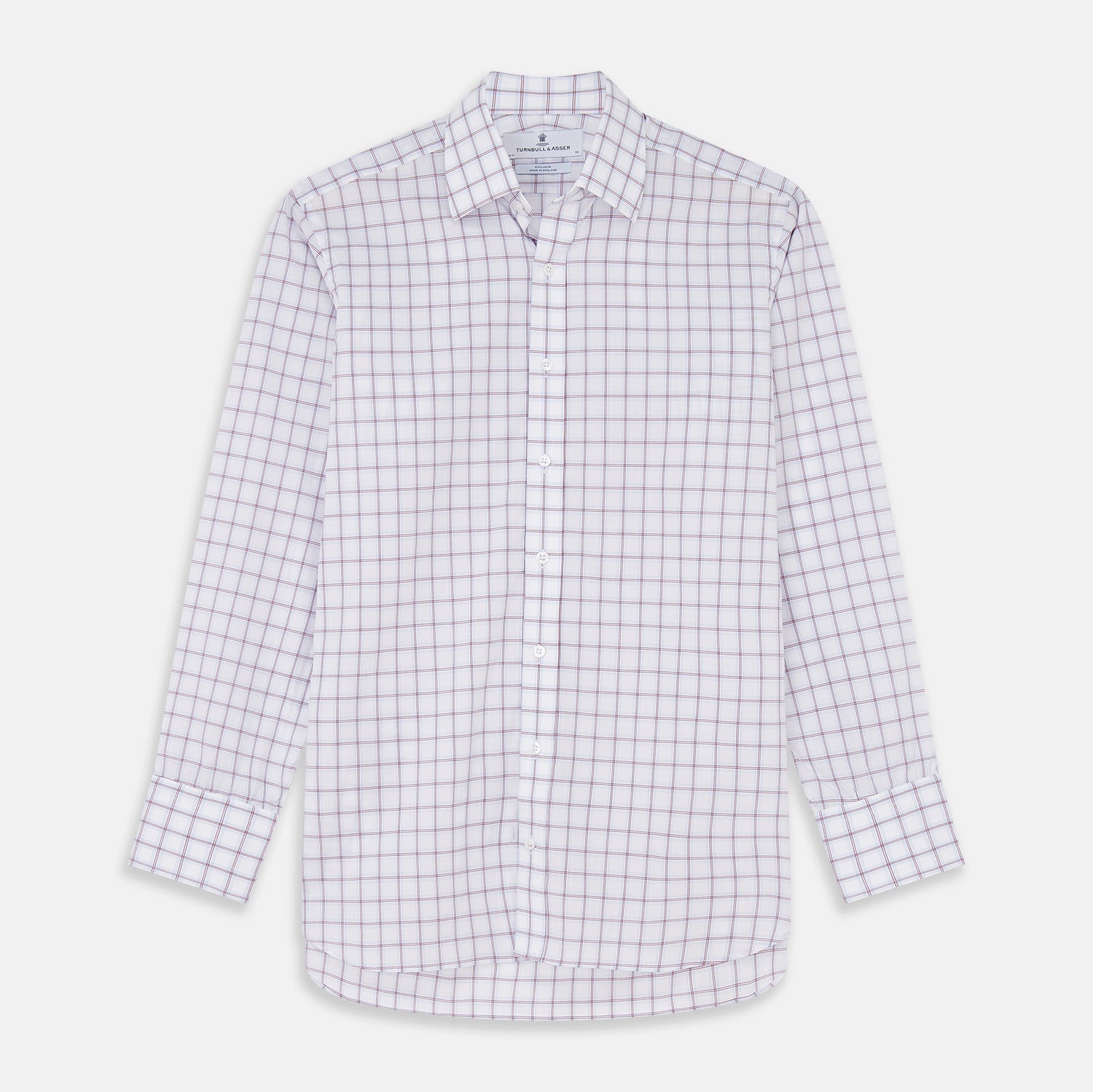 View 2 of product NEW BESPOKE FABRIC 1327 34 by Turnbull & Asser: White fabric with a red and blue plaid design, shown in a circular frame. Perfect for bespoke or custom shirts, the material features intersecting lines forming squares and a slightly wrinkled texture.