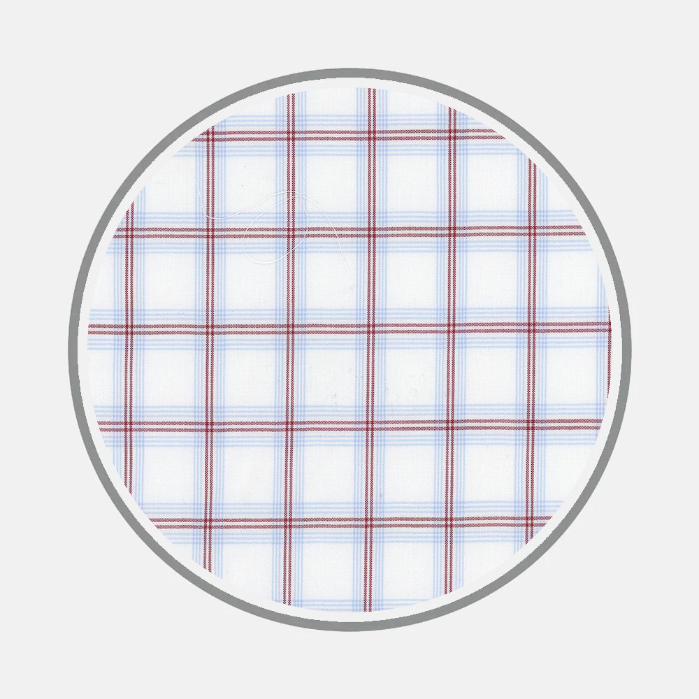 A circular close-up of Bespoke Fabric 1327 34 by Turnbull & Asser shows thin red, blue, and light blue lines intersecting on white in a plaid pattern, all framed by a gray ring—ideal for custom shirts.
